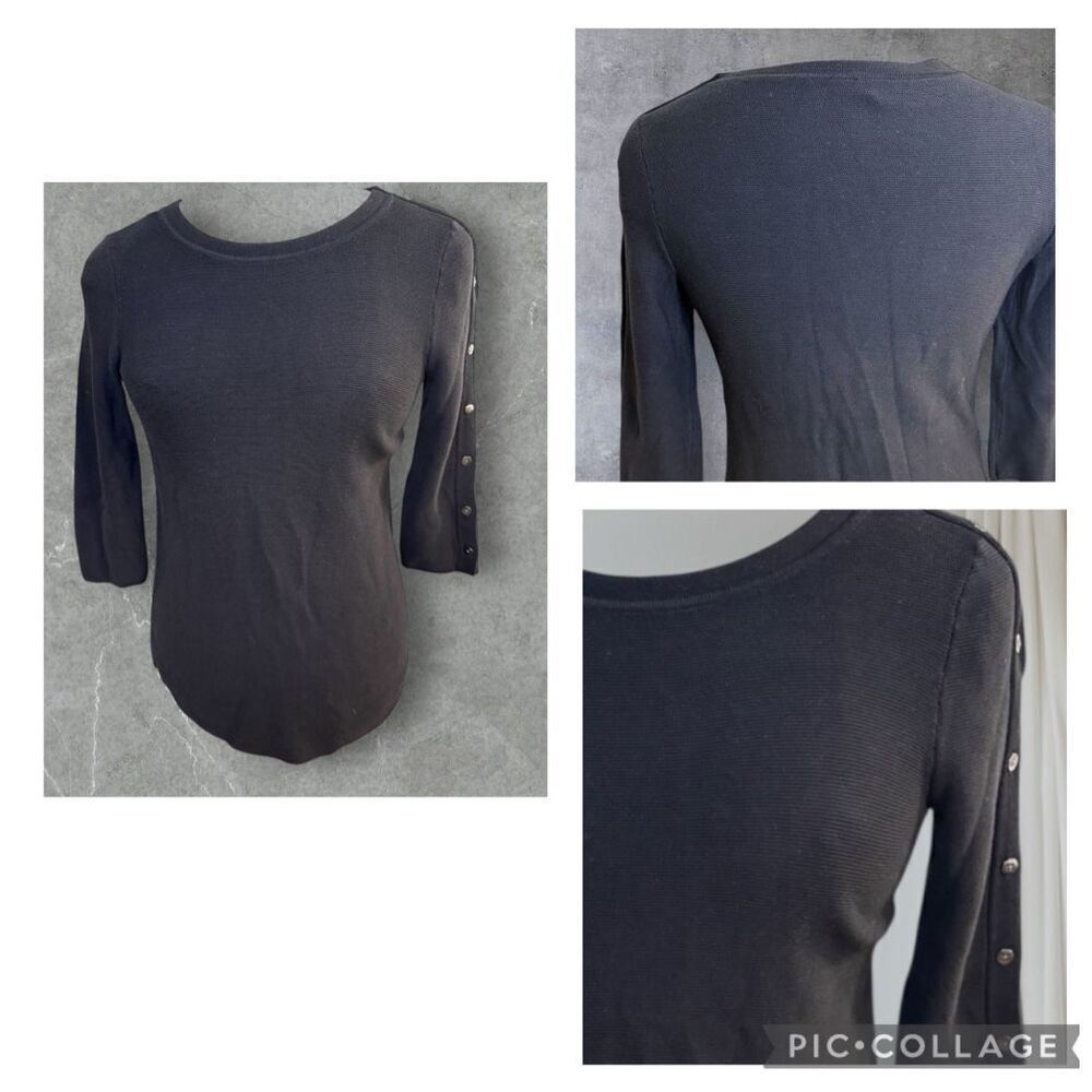 Talbots Textured Knit Top Sz. Sm. Black 3/4 Sleeves W/ Buttons